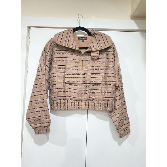Intermix Top Silk Womens Sz 4 Long Sleeves Crop 1/2 Zip Pink Brown Geometric - Picture 1 of 16